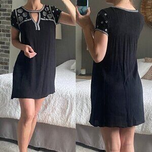 BOHO Black Embroidered Crochet Mini Dress festival Short Sleeved Dress - Size XS